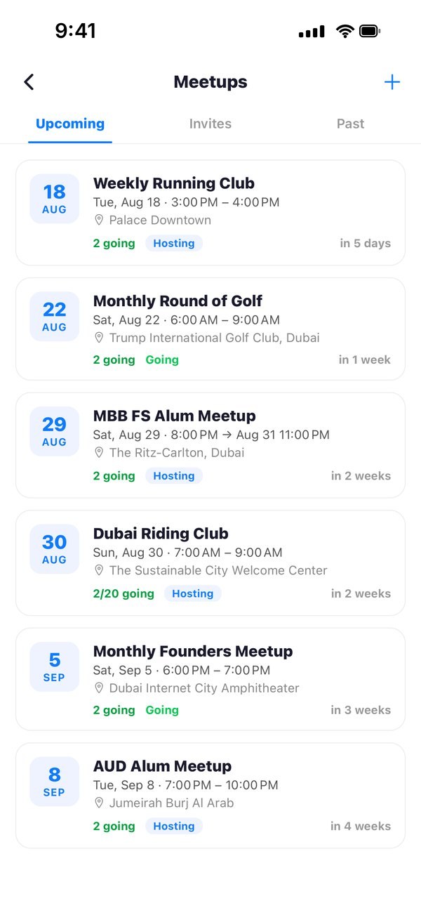 A list of upcoming meetups showing hosting, going and invited