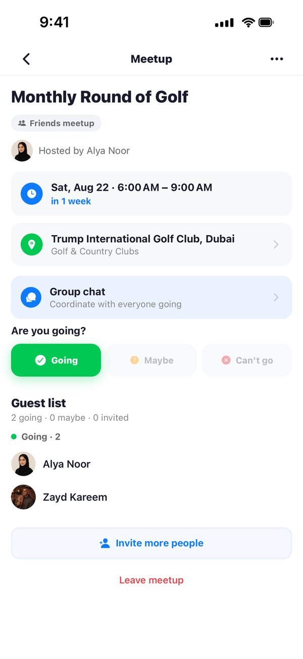 A meetup guest list showing who is going, with a group chat