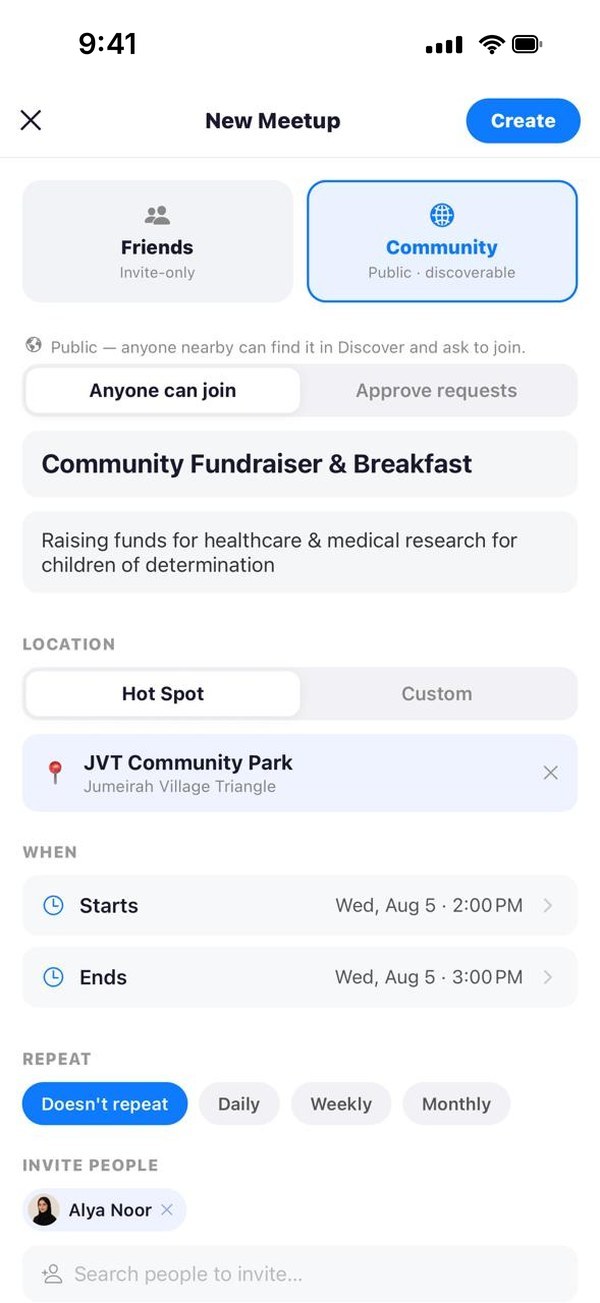 Creating a meetup at a venue with a date, time and invited friends
