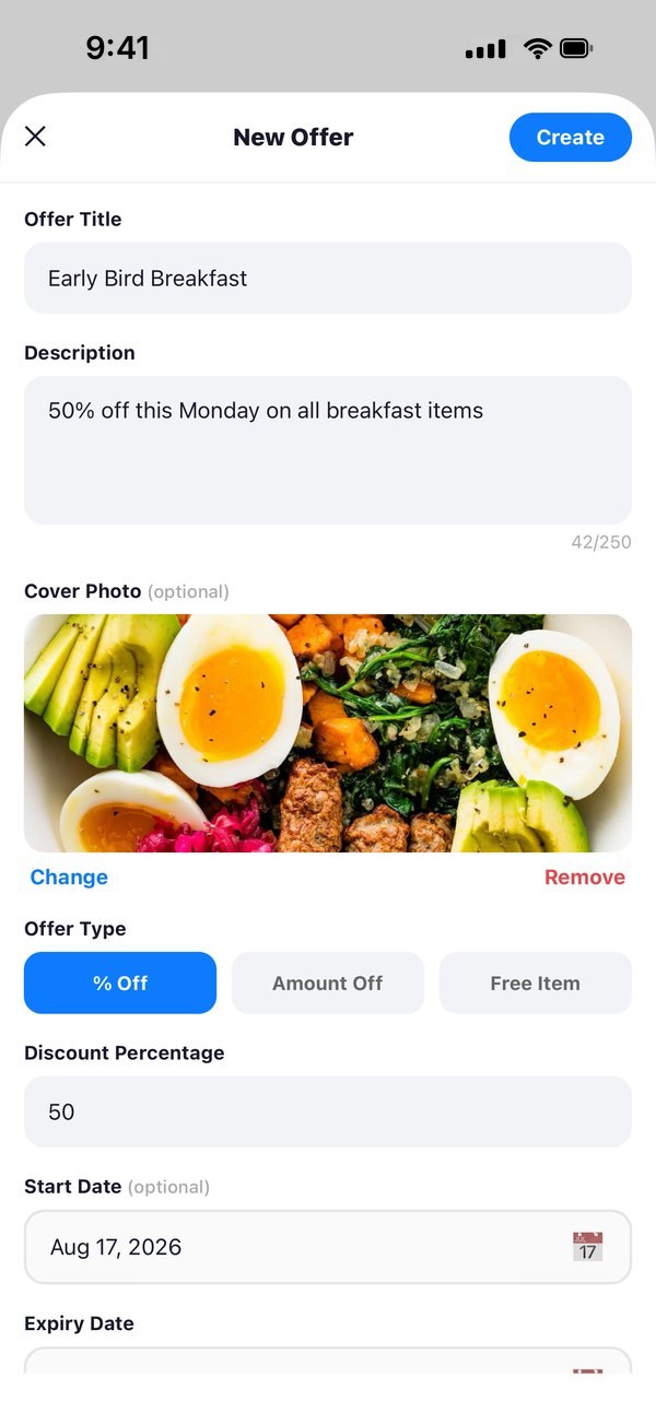 Creating an offer with a discount and an expiry date